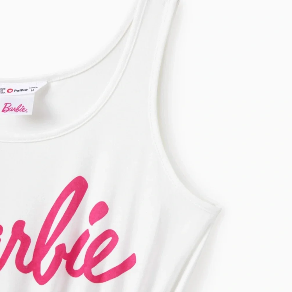 Women Barbie Letter Print Belted Combo Tank Hot Pink Rompers - Picture 6 of 9